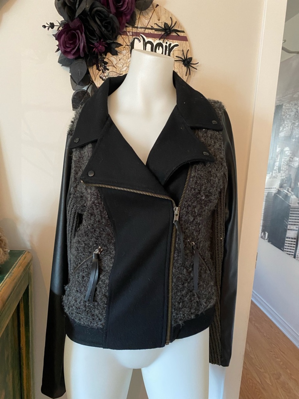 Miss Me Black Mixed-Media Asymmetric Zip Jacket